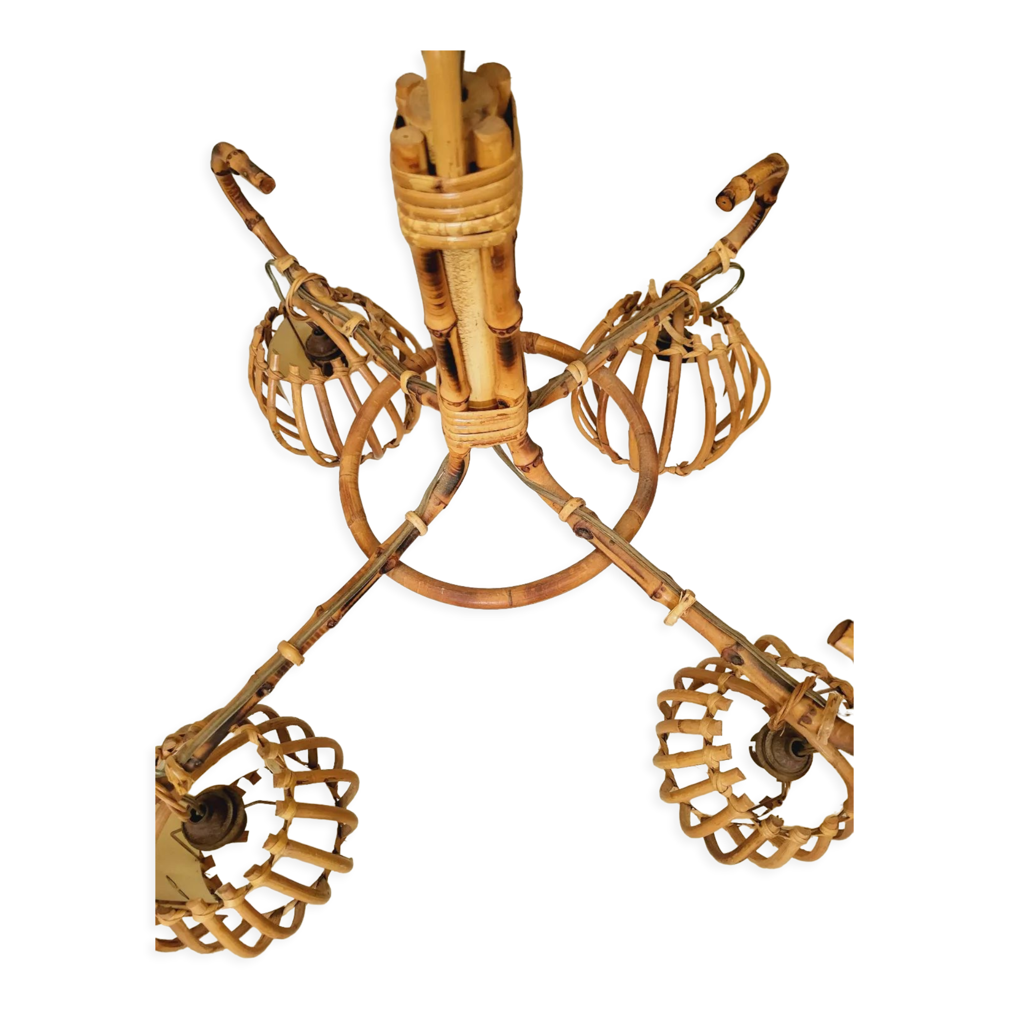 Vintage rattan chandelier 60s 4 branches
