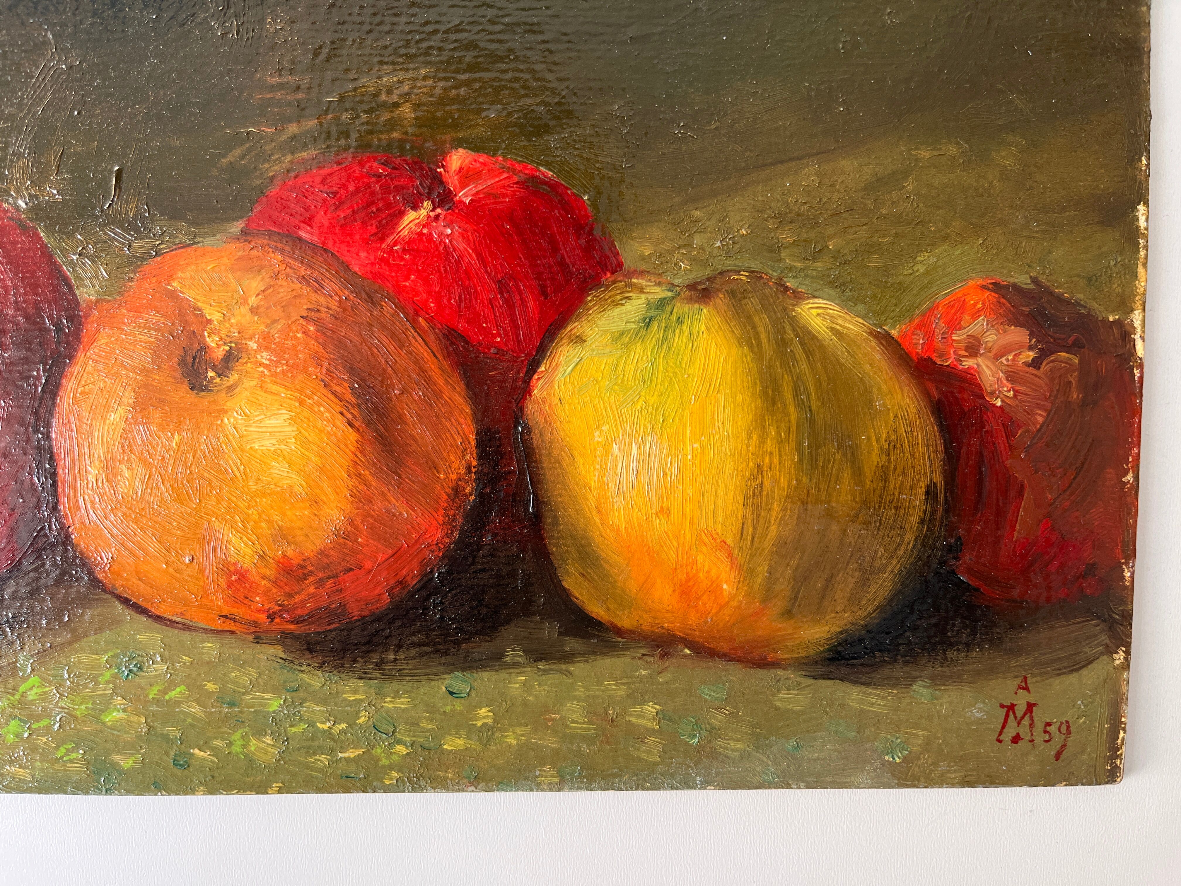 Authentic still life with apples circa 1959, oil painting