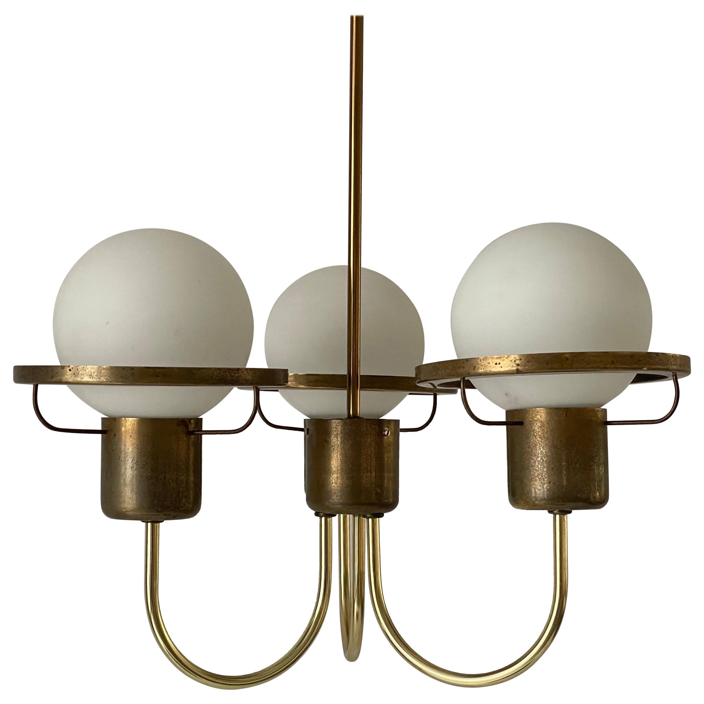 Suspended lamp with 3 glass balls and brass frame, Germany, 1960s