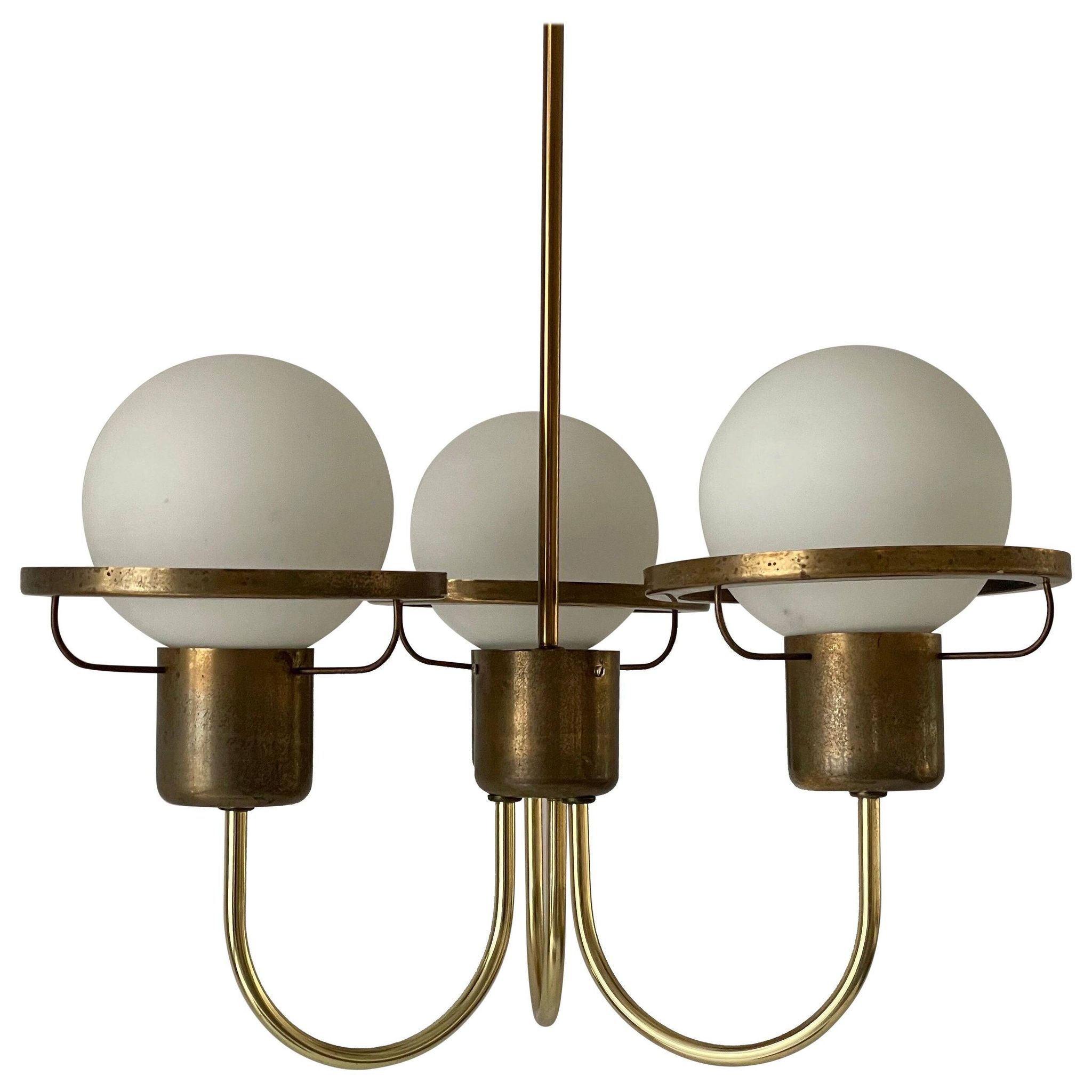 Suspended lamp with 3 glass balls and brass frame, Germany, 1960s