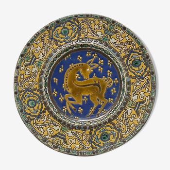 Plat ancien polychrome en céramique argileuse 40 cm