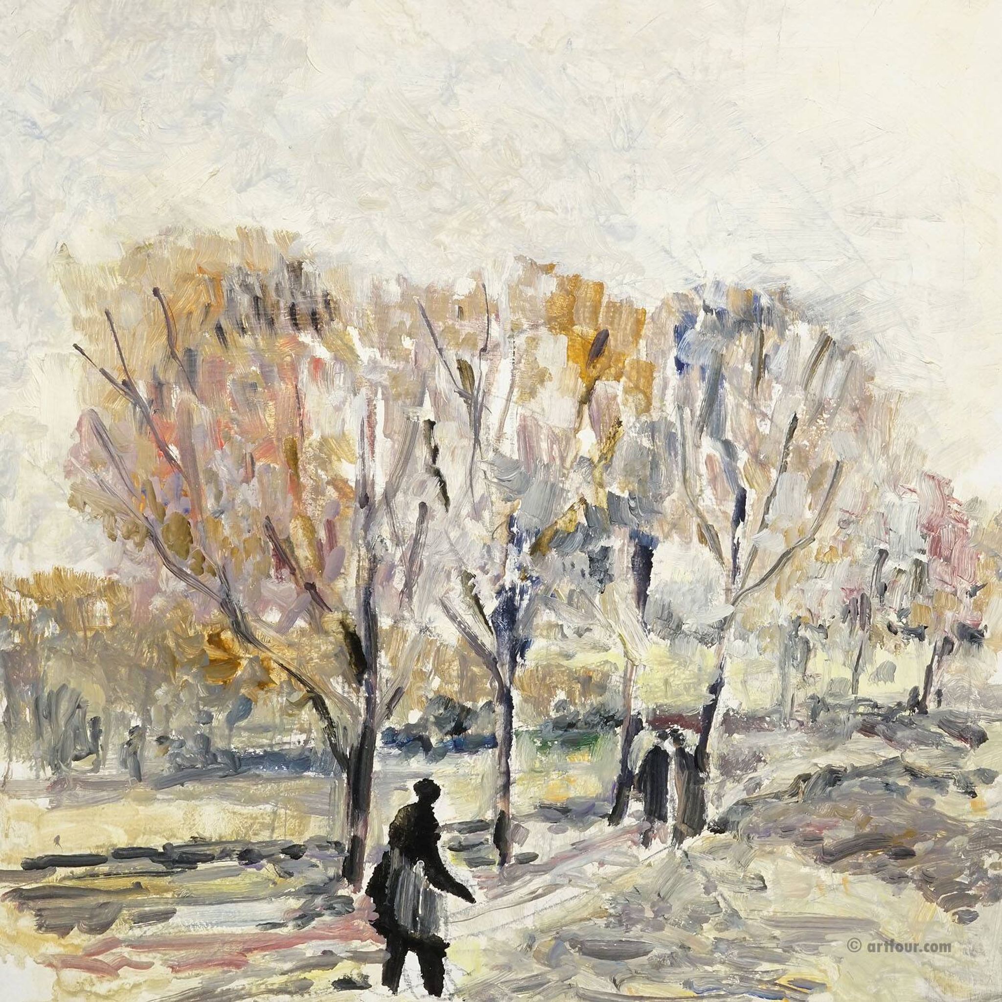 Oil painting by Alexander Michael of an autumn walk in a park, 1969.