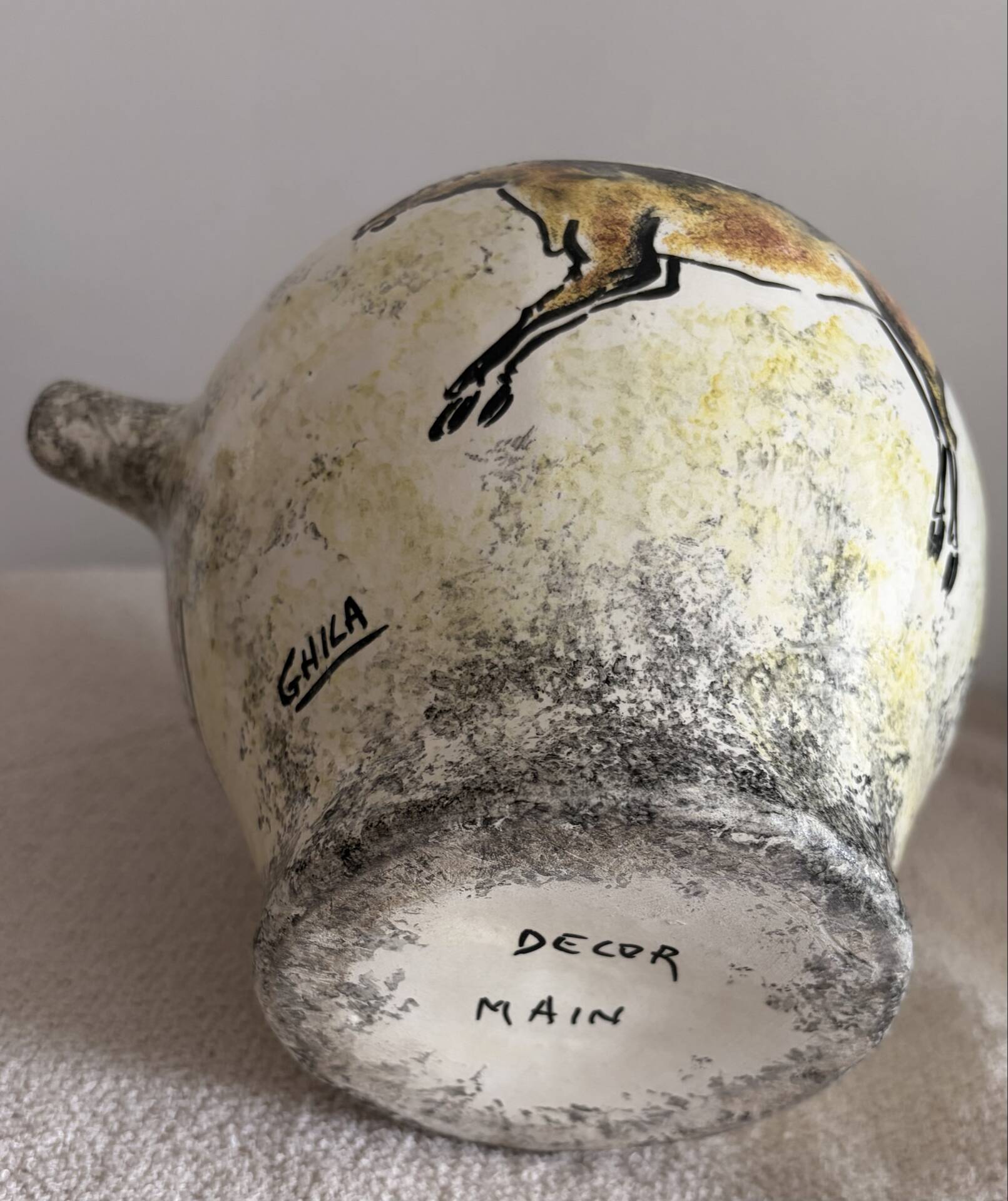Vintage French Studio Ceramic Pitcher by Ghila – Lascaux Cave Art Styl