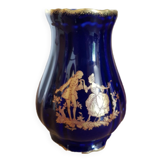 Vase bleu de four porcelaine d'art Limoges scène couple décor or fin 7