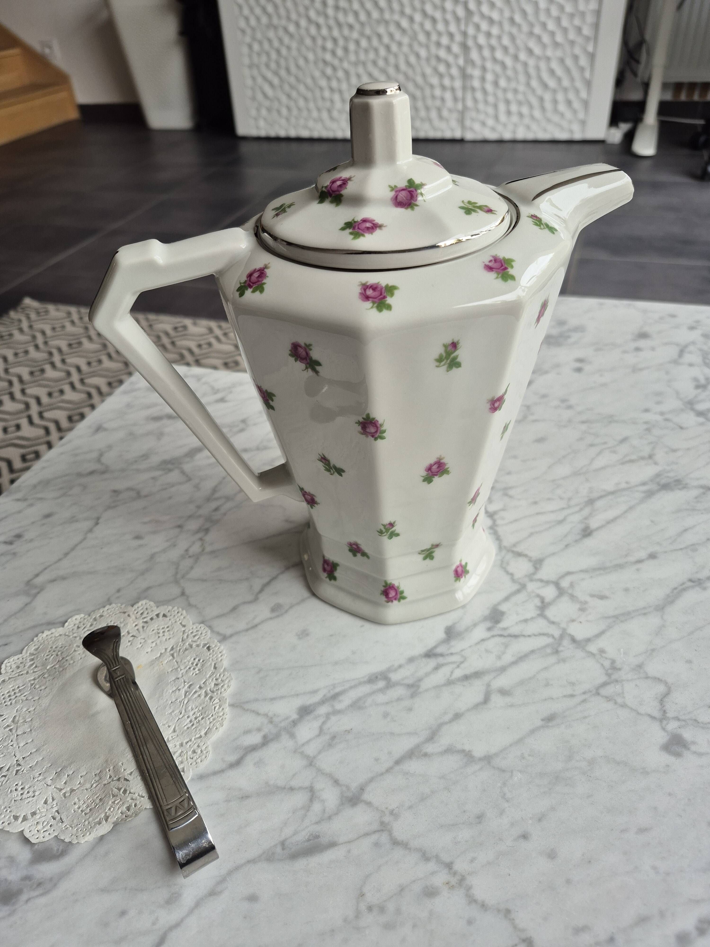 Limoges porcelain coffee pot B&D Roses & silver trim