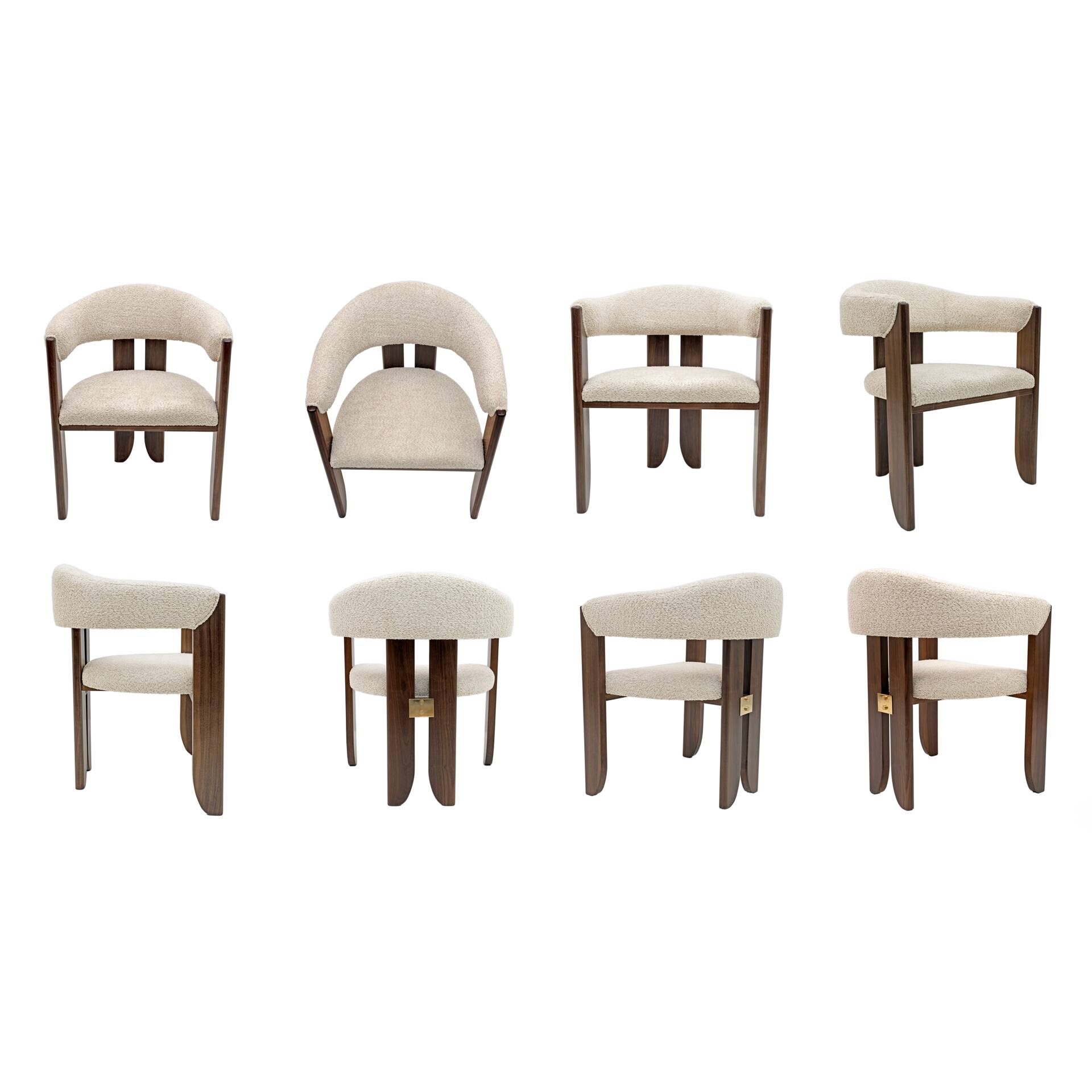 Eight Mid-century Modern Italian Bouclè and Walnut Dining Chairs, 1970s