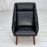 1970s, Danish highback armchair, black artificial leather, teak wood legs.