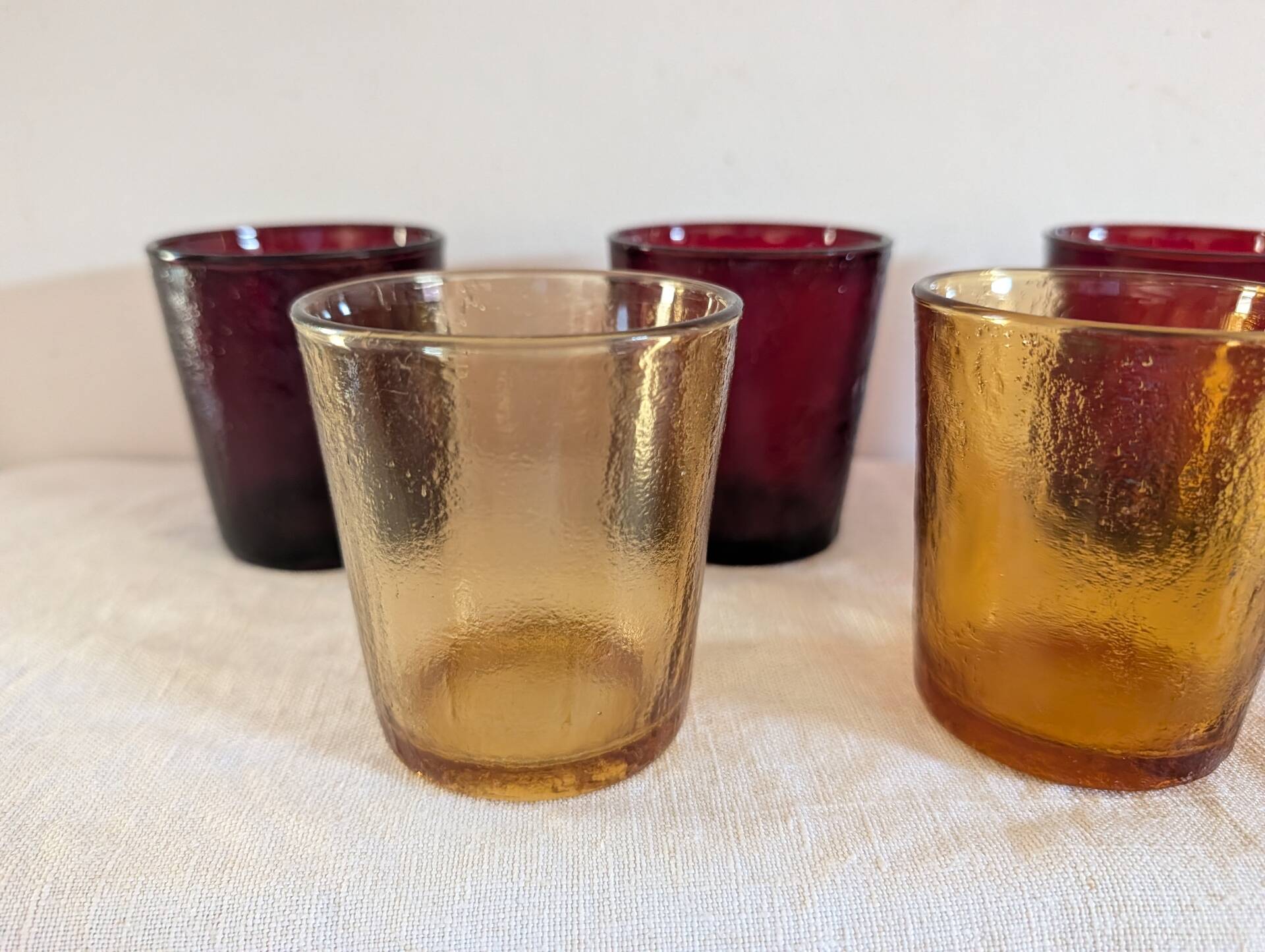 6 vintage glasses Lever France amber and ruby from the 1970s