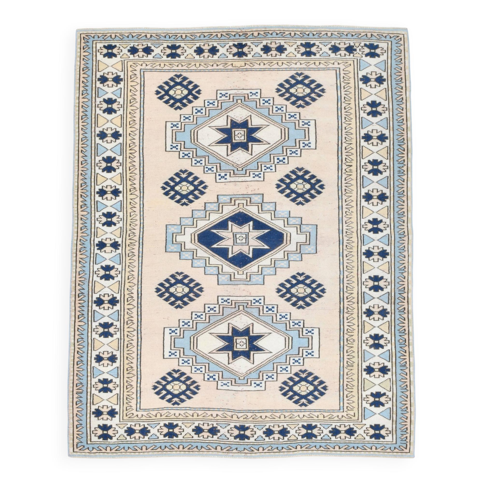 6x8 Vintage Rug İn Blue Tones, Turkish Wool Pattern Rug, 225x178 Cm