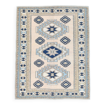 6x8 Vintage Rug İn Blue Tones, Turkish Wool Pattern Rug, 225x178 Cm
