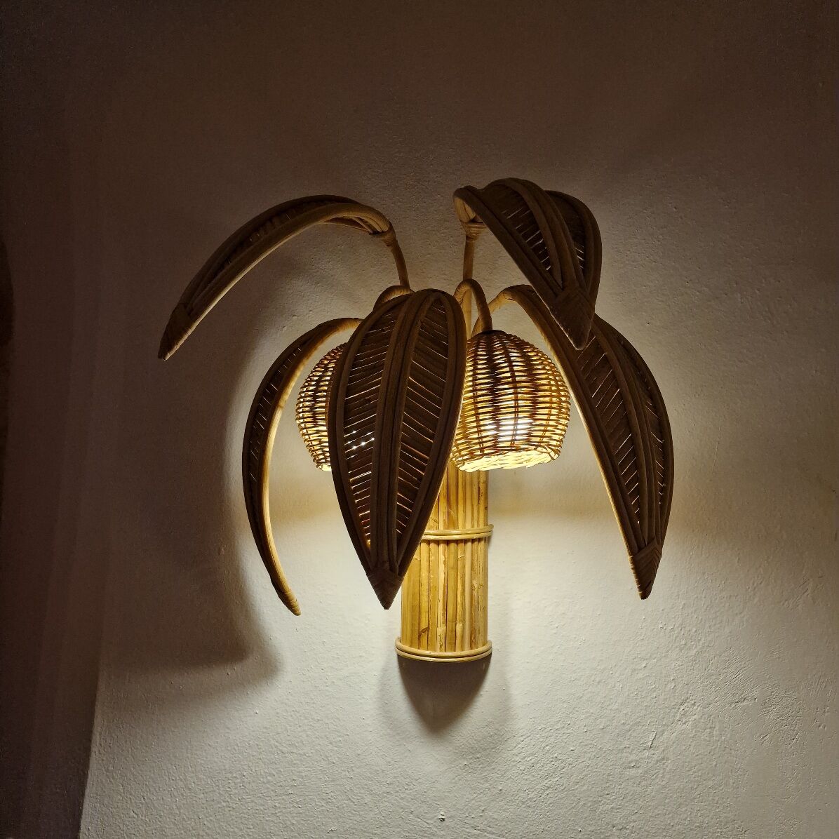 Pair of coconut / palm sconces in natural rattan