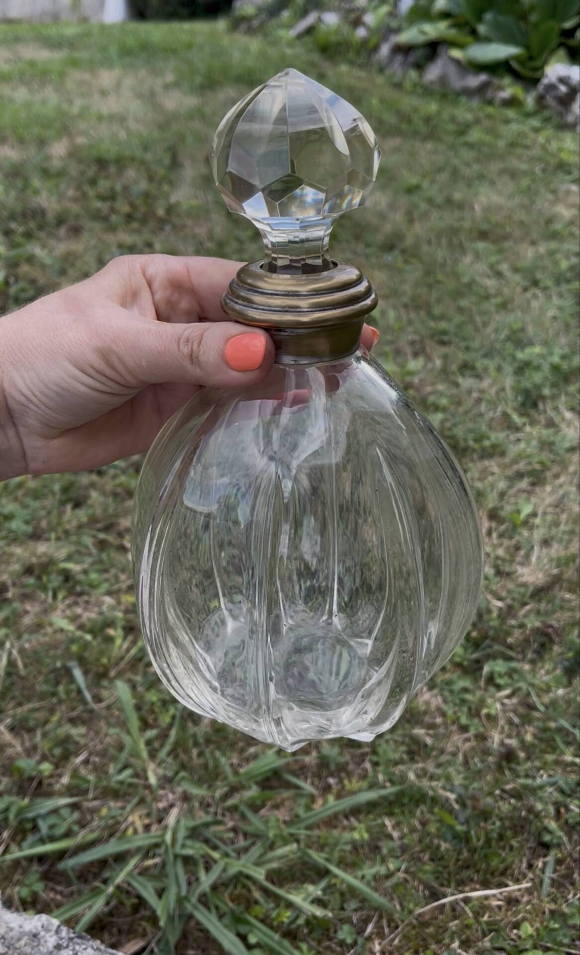 Large antique decanter for spirits – cut glass and silvered neck