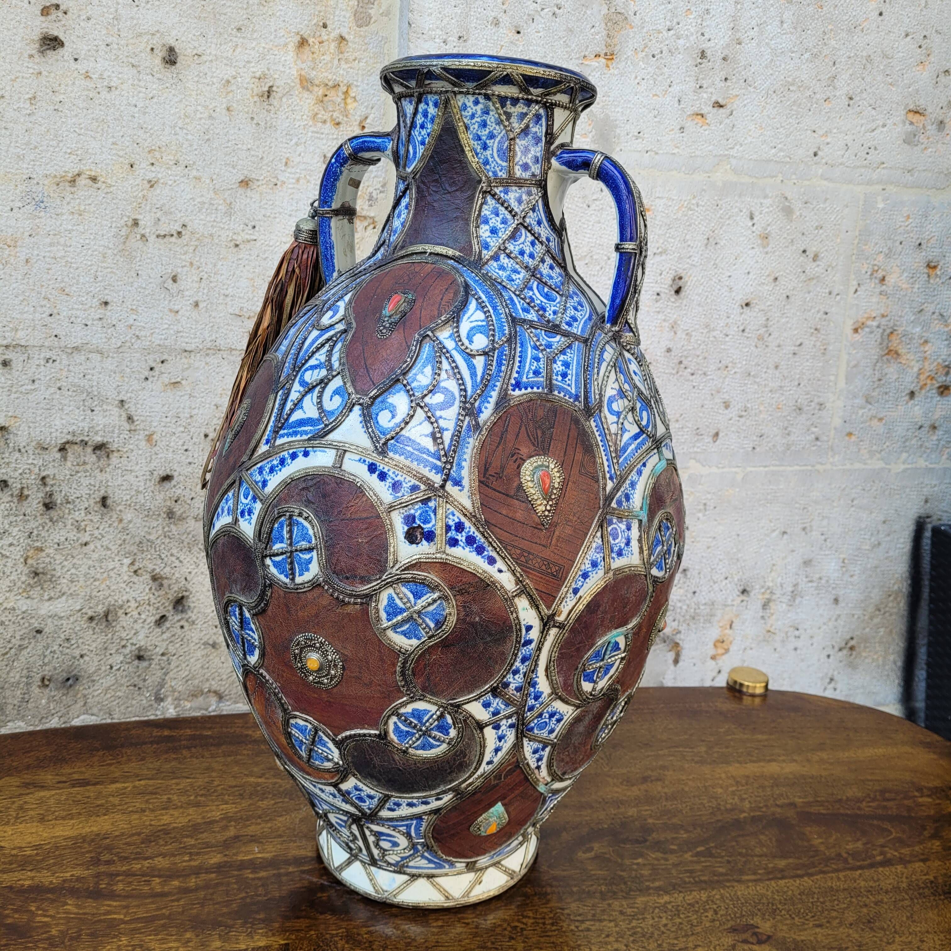 Filigree vase, ceramic, leather, enamel and metal, 19th century - Safi, Morocco