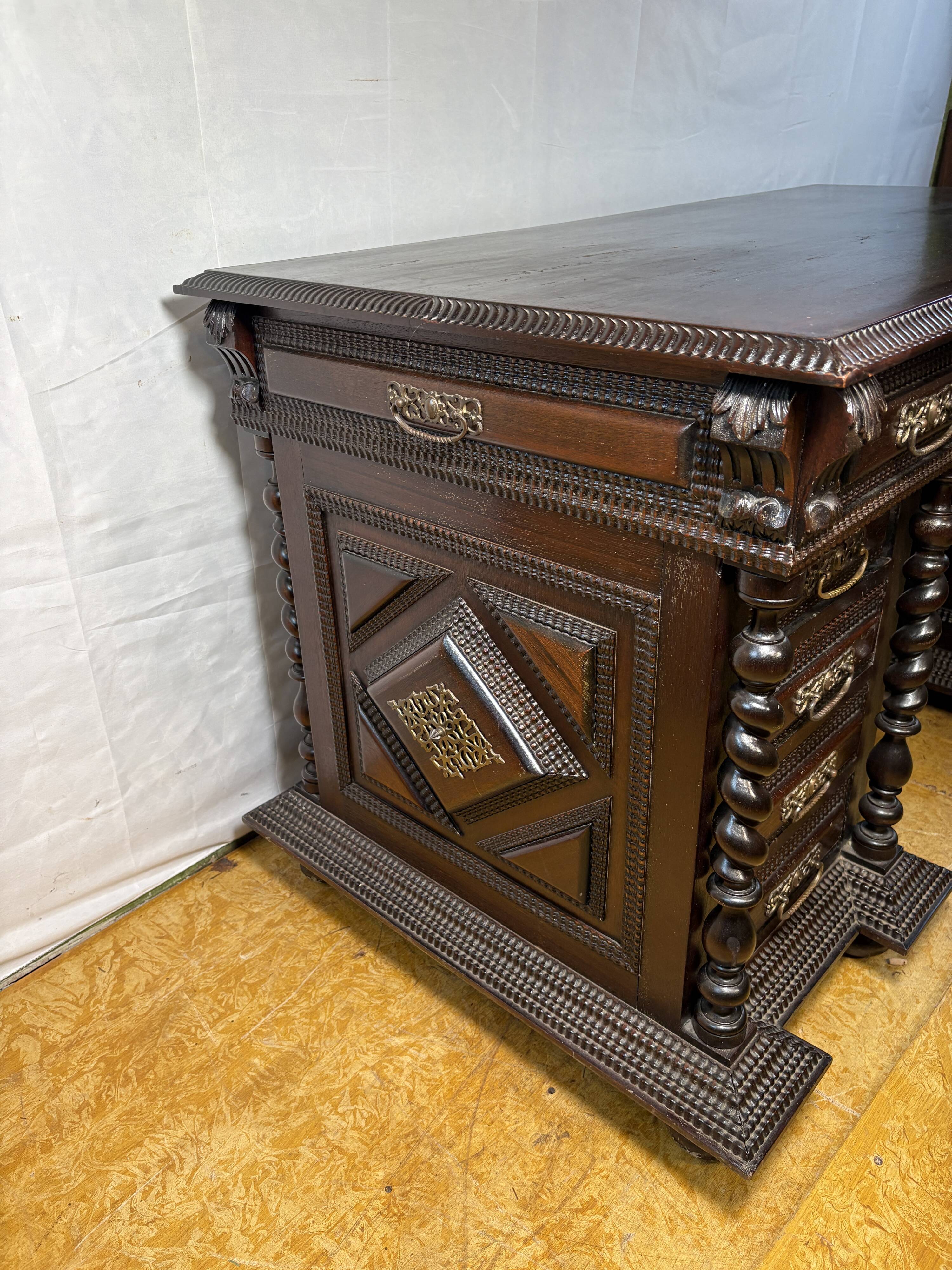 Exceptional Antique Portuguese Baroque Revival Twin Pedestal Desk  Spiral T