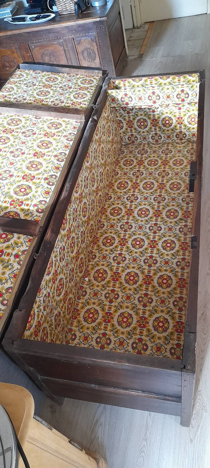 Old marquetry and solid wood chest