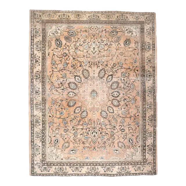 1970s Vintage Persian Handmade Wool Cotton Light Brown Area Rug 276x356