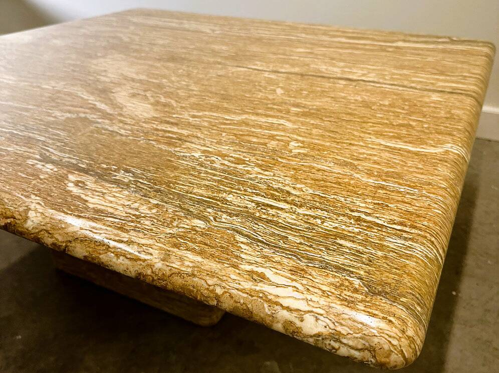 XL vintage square caramel travertine coffee table, 1980s