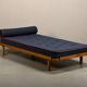 Scandinavian Daybed in Oak and dark Blue bouclé fabric with Leather accents