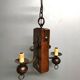 Medieval 2-light chandelier ~ hammered and patinated wrought iron ~ oak ~ 60s ~ France