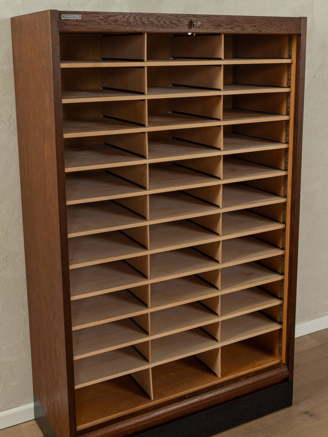 Tambour cabinet from the 1950s, dark stained oak veneer