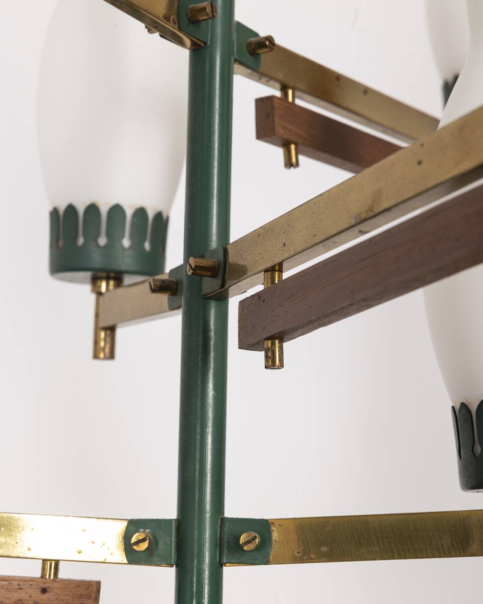 Vintage 50's chandelier in brass, green metal and glass italian design