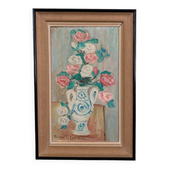 Oil on panel by Tosca Tilony 1972 bouquet of roses still life