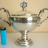 Antique trophy-shaped sugar bowl, silver-plated metal and glass verrine