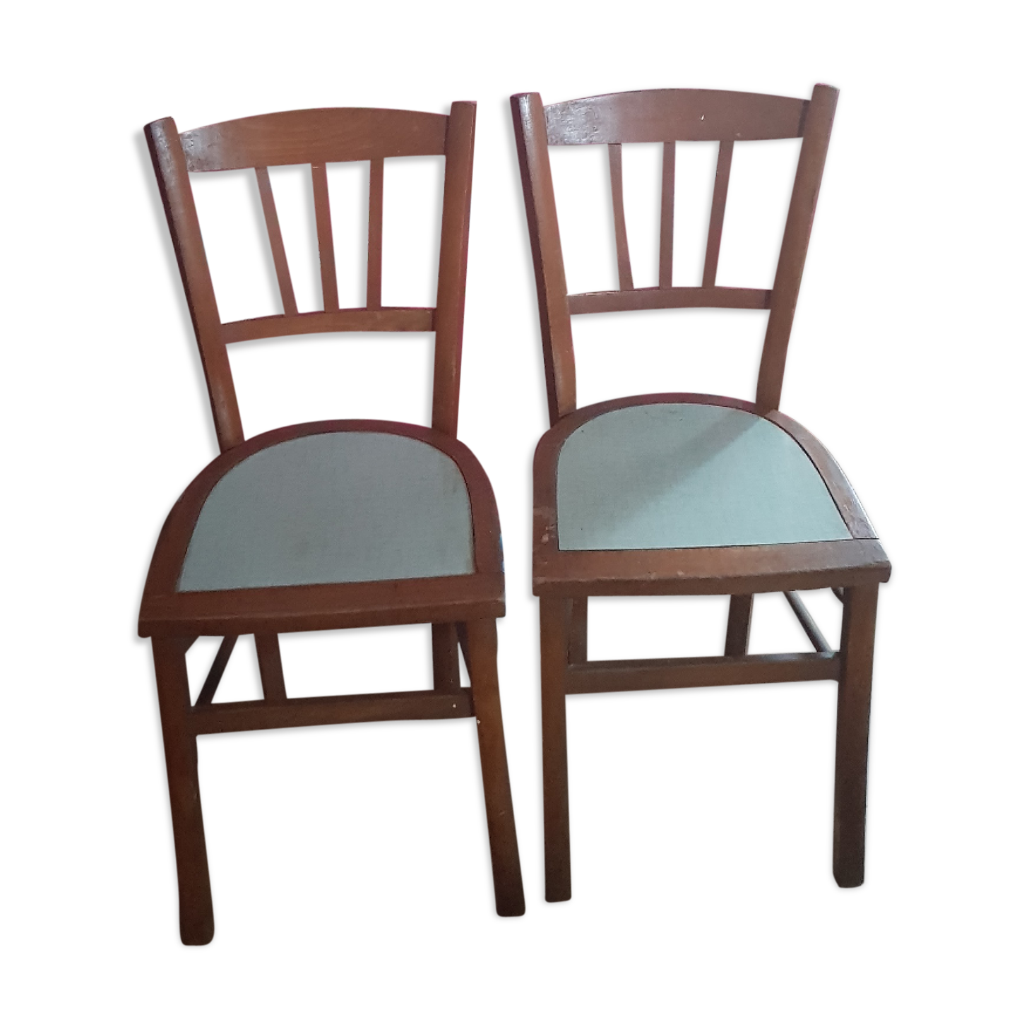 Vintage 70s chairs with wooden frames and blue formica seats.