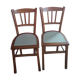 Vintage 70s chairs with wooden frames and blue formica seats.