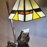 Owl-shaped designer bedside lamp, solid bronze owl with glass lampshade