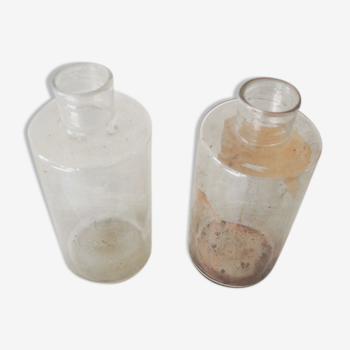 2 anciens pots à pharmacie, flacons apothicaire, verre transparent