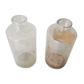 2 old pharmacy jars, apothecary bottles, transparent glass