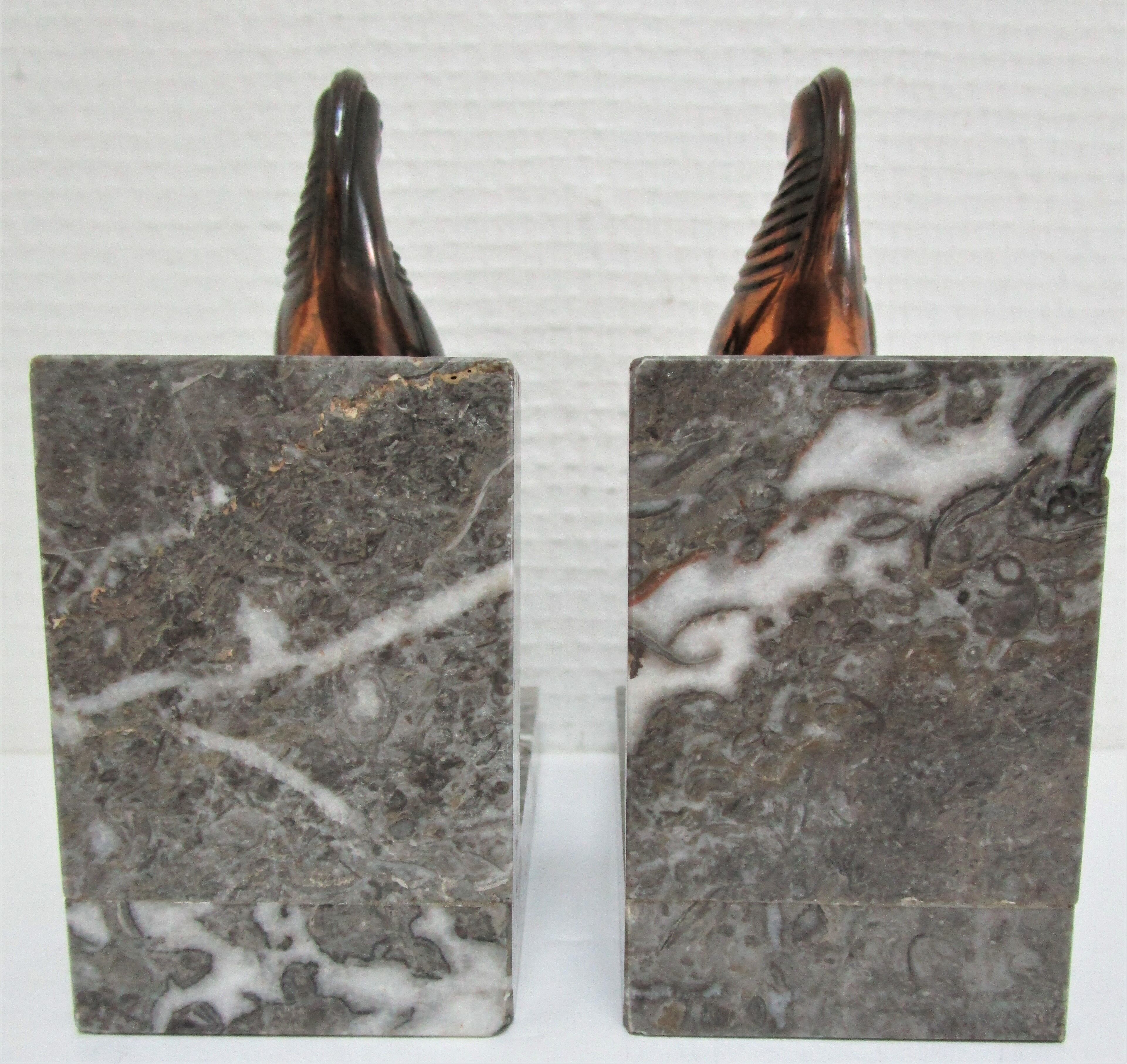 Pair of greenhouse books bird Art Deco metal patinated marble