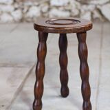 Tripod stool in turned wood in the style of Charles Dudouyt, 1950