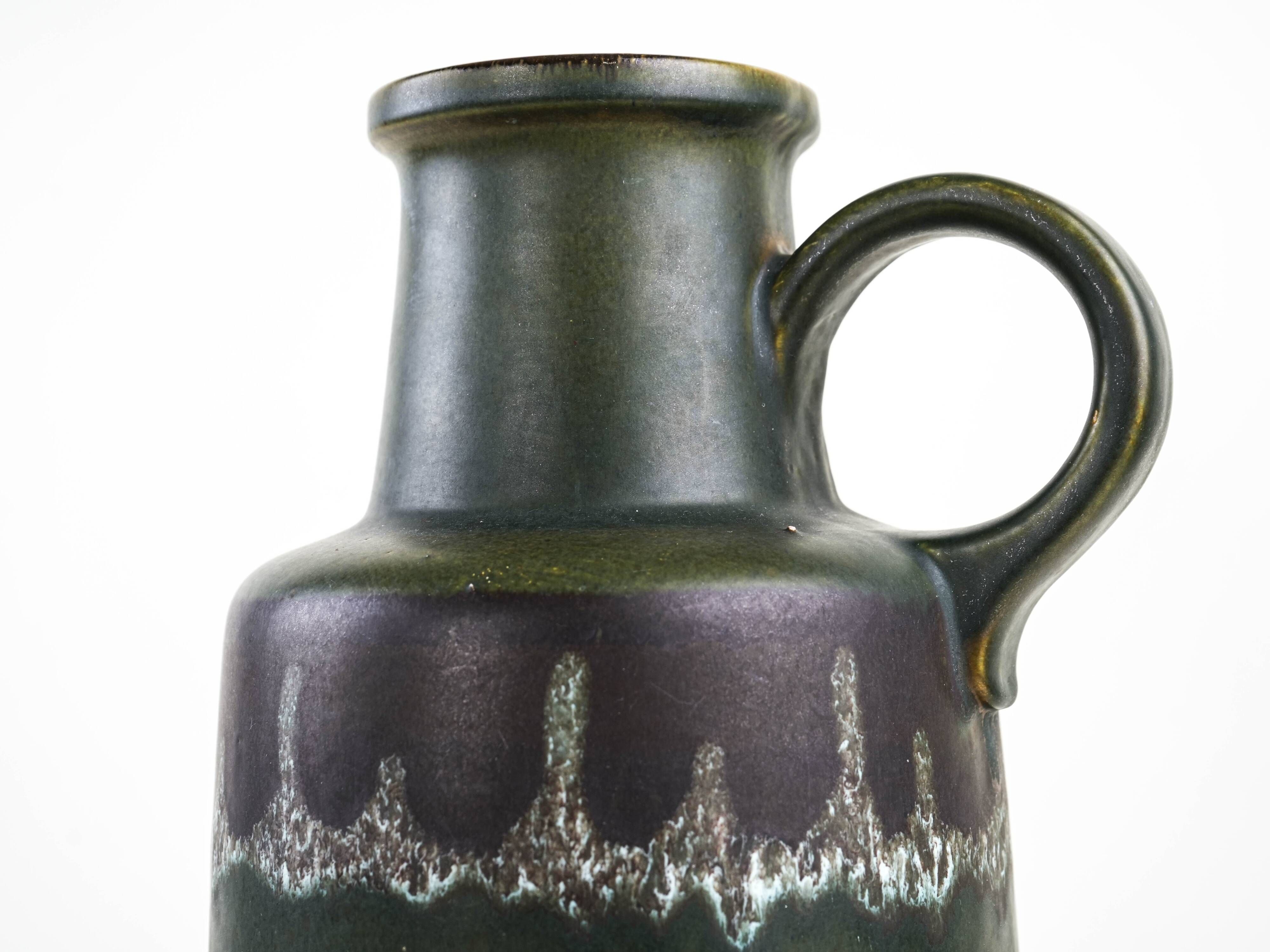 Fat lava ceramic vase with handle, green glaze, West Germany, 1970s