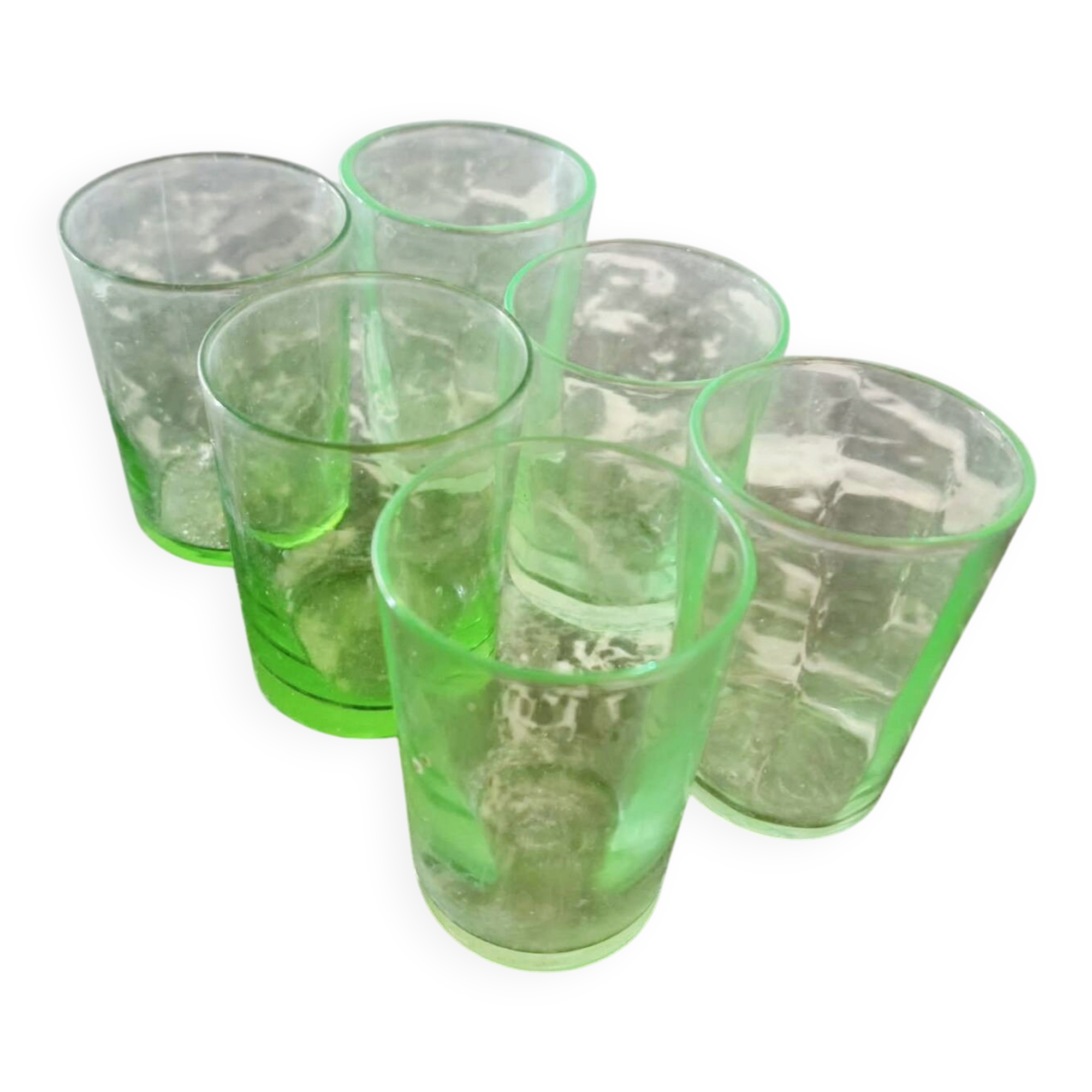 Set of 6 antique glasses in uraline – uranium glass – vintage
