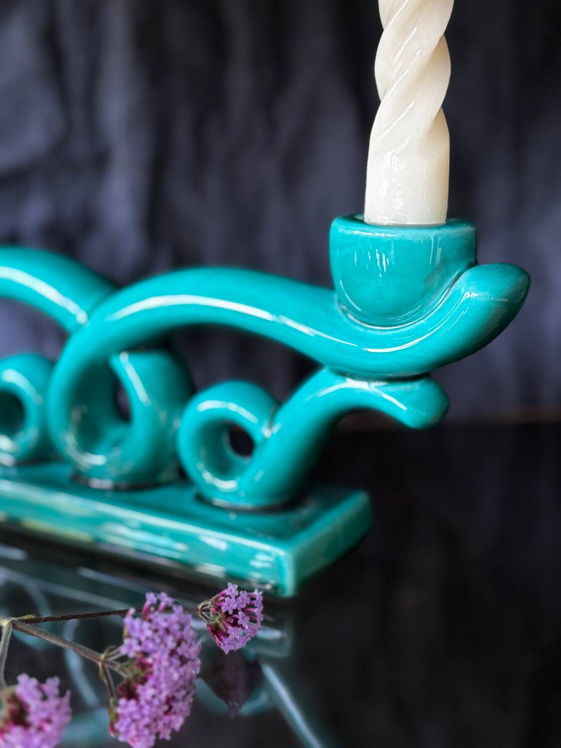 Set of 2 turquoise enamelled ceramic candle holders