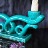Set of 2 turquoise enamelled ceramic candle holders