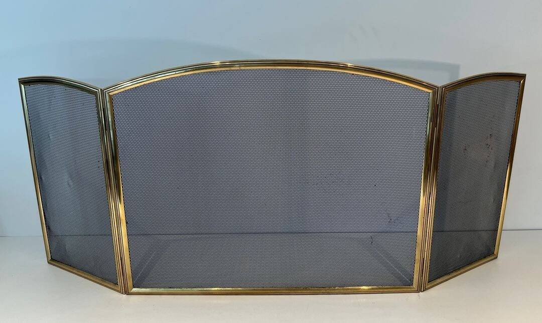 Three-Panel Neoclassical Fire Screen with Wire Mesh and Brass Frame
