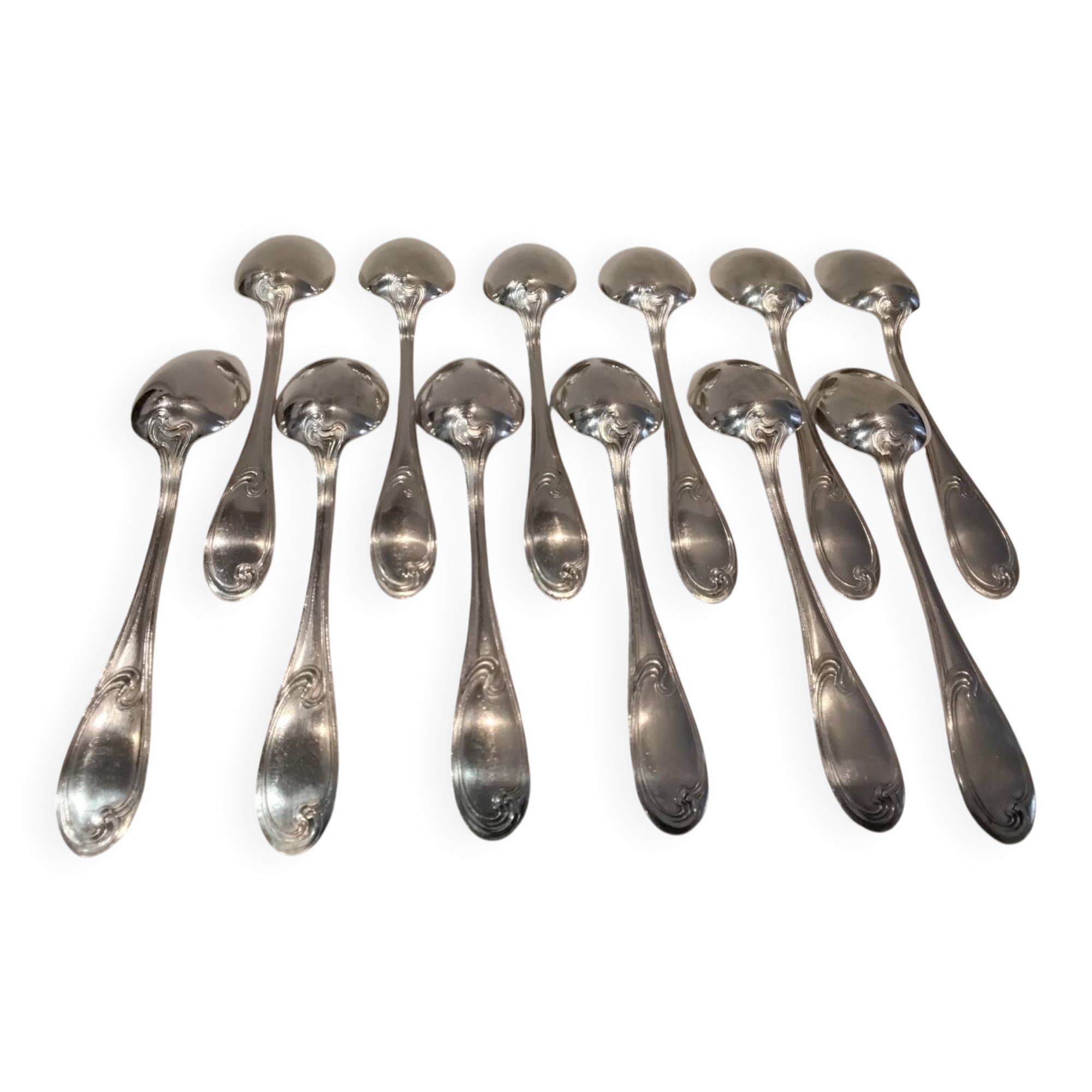 12 silver-plated metal soup spoons, Ercuis silversmith, Mousseline pattern, 22.1cm