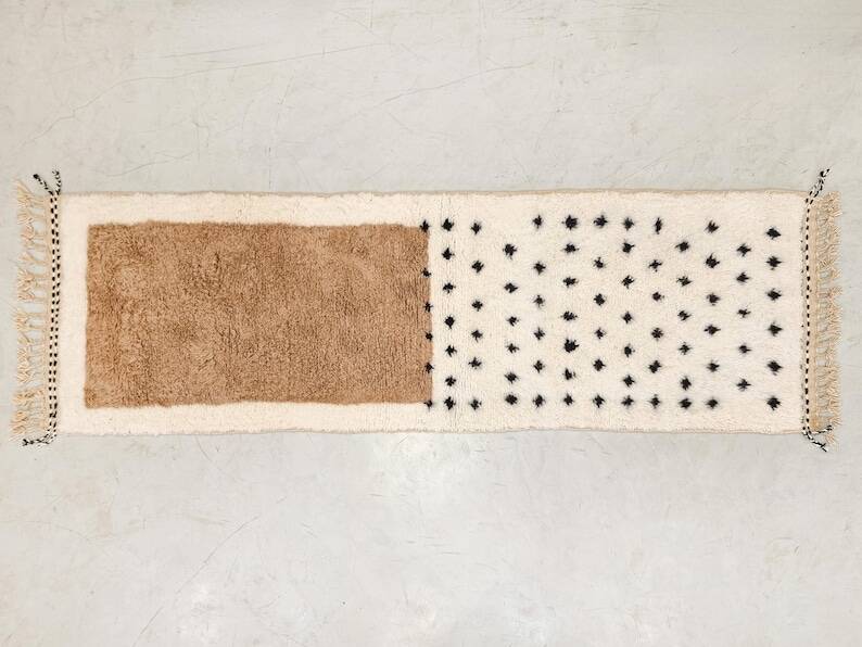 Moroccan polka dot hallway, white and brown beni ourain rug, berber design