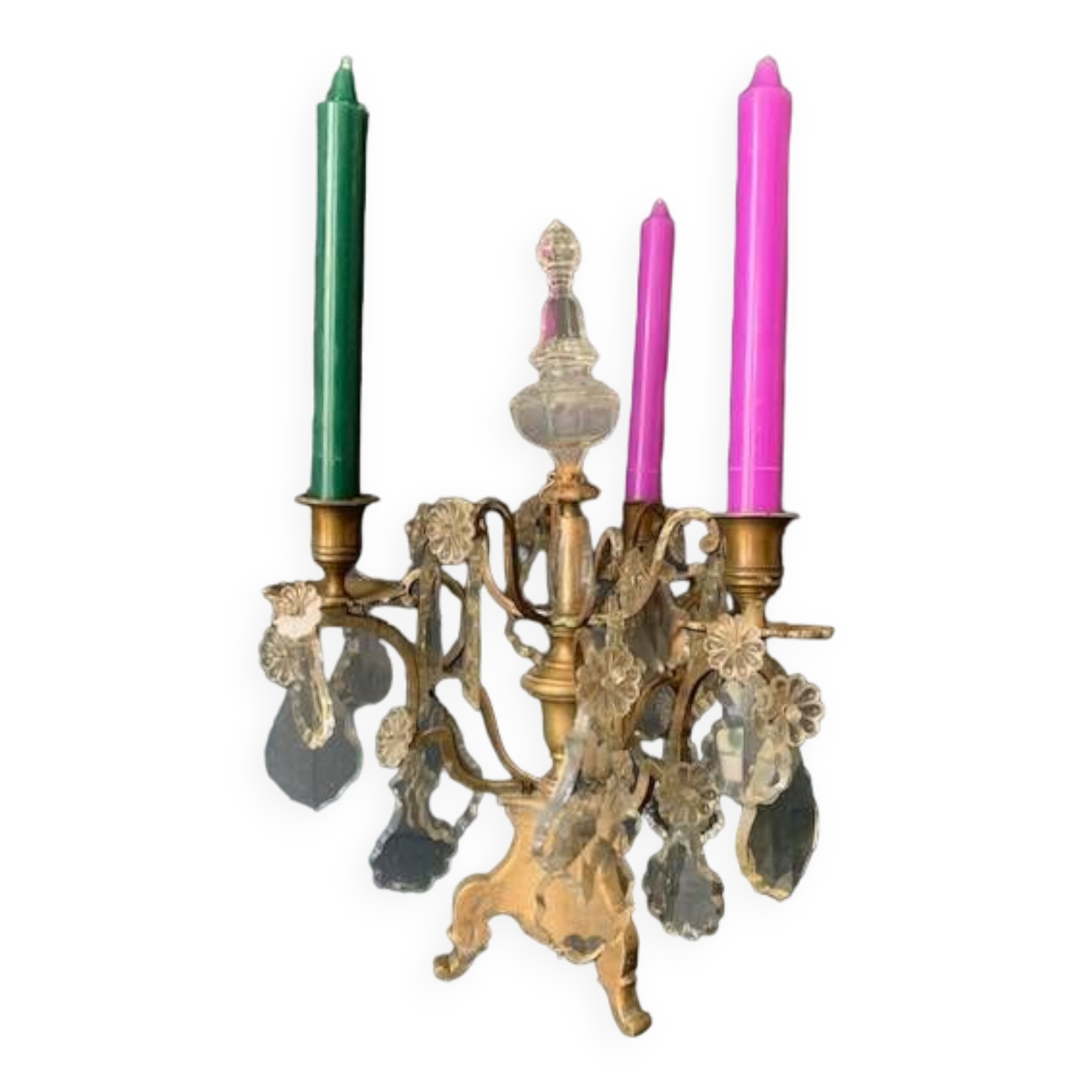 Girandole candle holder with crystal and bronze tassel with 3 lights, 1900