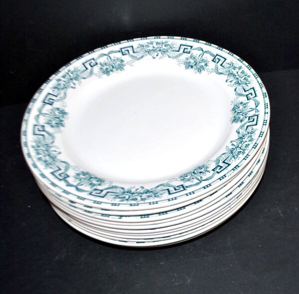 Lot de 11 assiettes plates athènes anciennes en faïence 1900, Moulin des Loups & Hamage