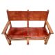 Banc de château brutaliste ancien fait main en chêne et cuir cognac, années 1920.