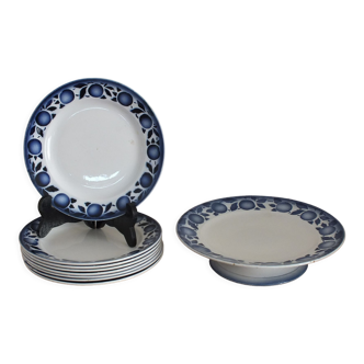 Dessert service 40s/50s blue fruit décor 4629 St Amand, 8 plates