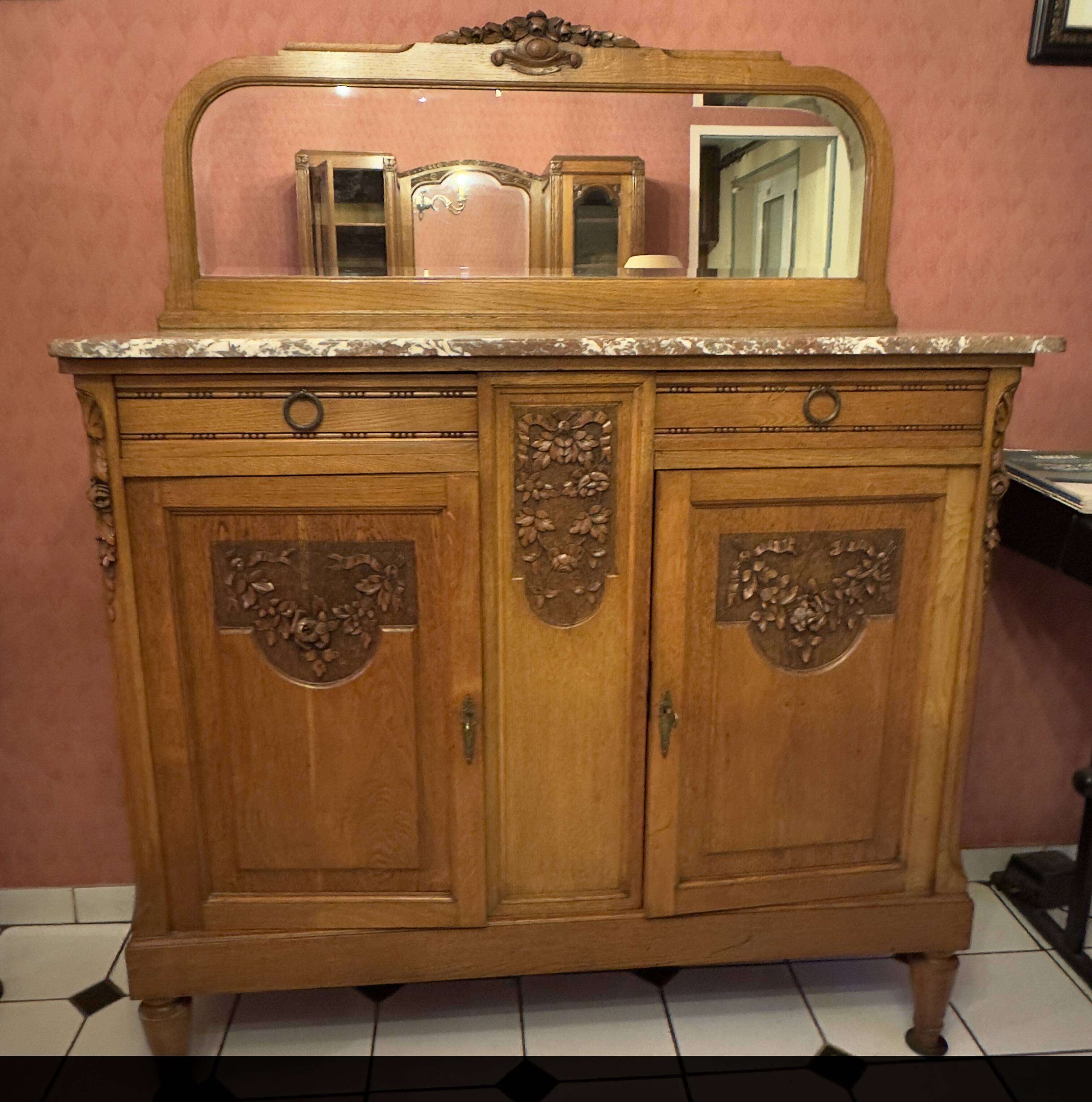 Art Deco sideboard with solid wood mirror and marble top