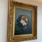 Tableau Ancien Fleur Cadre Doré XIX Huile Toile