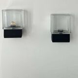 Pair of vintage wall lights, glass and black metal, Italy 1980