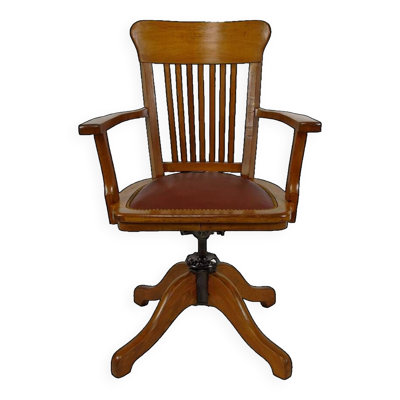 Fauteuil de bureau américain pivotant en chêne, avec assise en cuir, USA, Circa 1900