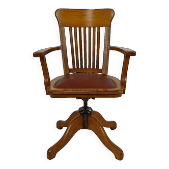 Fauteuil de bureau américain pivotant en chêne, avec assise en cuir, USA, Circa 1900